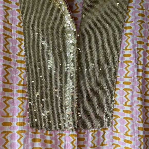 Figure Lamu Shirt in Kenyan Mosaic Pink Gold Sequin Button Down Top - Picture 3 of 11